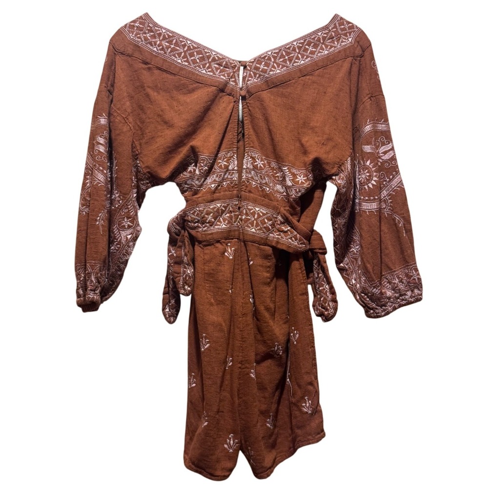 Free People Azalia Rust Brown Embroidered Long‎ Sleeve Romper Boho Small - Picture 5 of 8